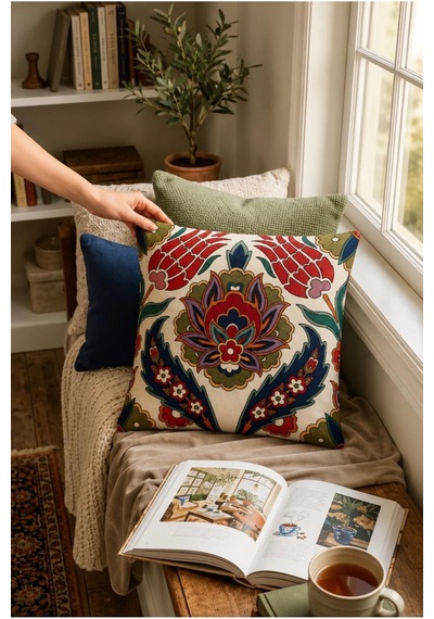 Premium Goblen Nakış Kırlent Kılıf 40 Cm X 40 Cm - 1 Adet Acı Kahve