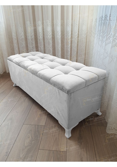 Çizgi Kapitoneli Sandıklı Puf 110 Cm Beyaz Ayak Beyaz
