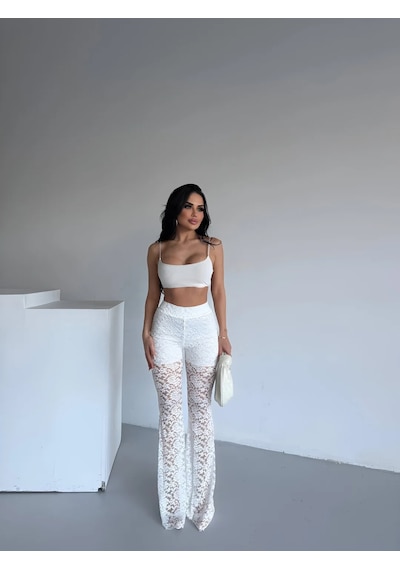 Havens Lace Kabartmalı İspanyol Paça Pantolon Beyaz