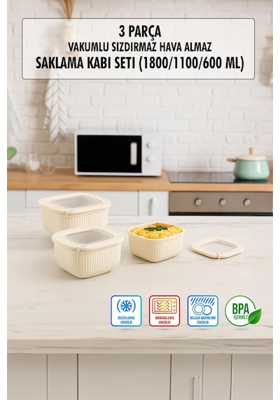 Kare 3 Parça Vakumlu Sızdırmaz Hava Almaz Saklama Kabı Seti Gri 1800/1100/600 Ml gri