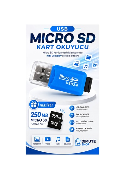 Usb Micro Sd Kart Okuyucu Tf Hafıza Kart Okuyucu + 250 Mb Micro Sd Hediyeli Mavi - 892148298