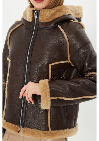 M M Marki Marki Hakiki Deri Kapüşonlu Oversize Kadın Mont - İçi Kürklü - Kahverengi 65 Cm - 115522