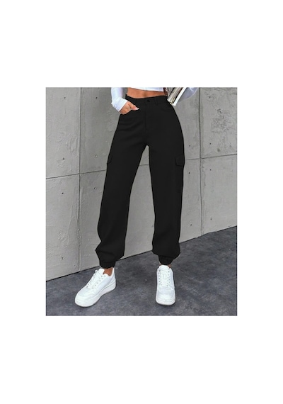 Kene Jeans Yüksek Bel Siyah Paça Lastik Kargo Cepketen Mom Pantolon Siyah
