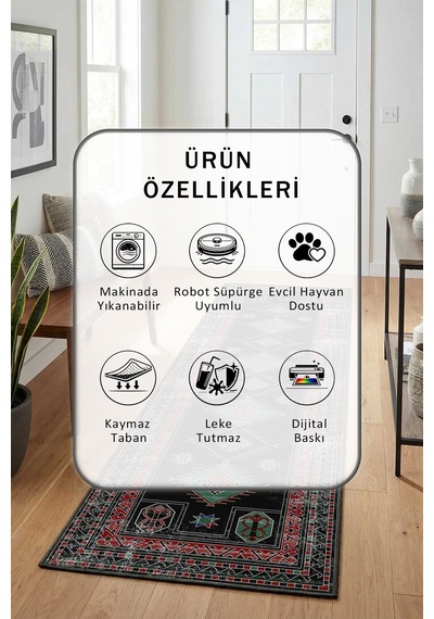 Cuuter 1125 Dijital Baskılı Kaymaz Yıkanabilir Yolluk Siyah