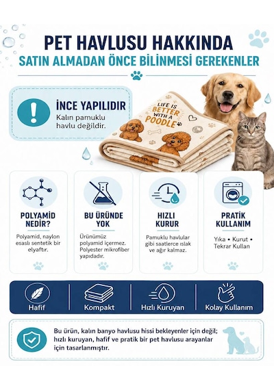 Kedi & Köpek Kurulama Havluları Poodle Joy Büyük Boy Hızlı Kuruyan 60x120cm