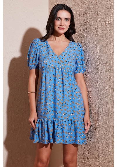 Lela Regular Fit V Yaka Balon Kol Desenli Mini Bayan Elbise 67810045 Mavi