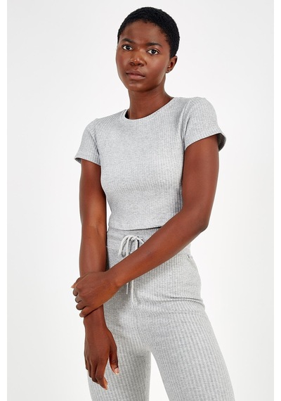 Maraton Sportswear Slimfit Kadın Bisiklet Yaka Kısa Kol Basic Gri Melanj Crop Top 18997 GRI MELANJ Gri Melanj