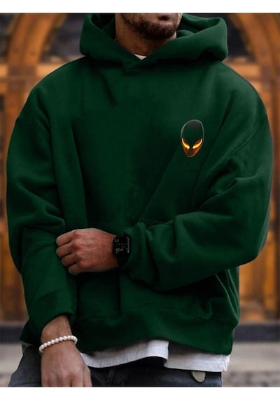 Alien Logo Sweatshirt - Yeşil Baskılı Oversize Kapüşonlu Yeşil