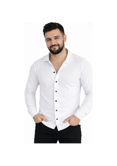 Erkek Waffle Kumaş Uzun Kollu Düğmeli Açık Yaka Regular Fit Gömlek - Beyaz Çok Renkli