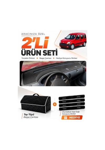 Renault Kangoo 1 1997-2003 Uyumlu Torpido Örtüsü + Tay Tüyü Bagaj Çantası + Sticker - Siyah Gri