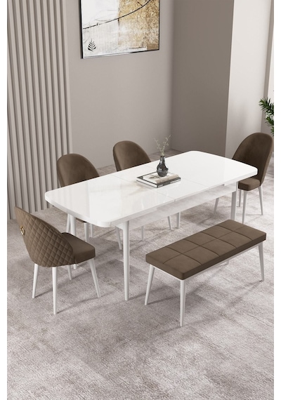 Milas Beyaz 80x132 Mdf Açılabilir Yemek Masası Takımı 4 Sandalye, 1 Bench Kahverengi Milas Beyaz 80x132 Mdf Açılabilir Yemek Masası Takımı 4 Sandalye, 1 Bench Kahverengi