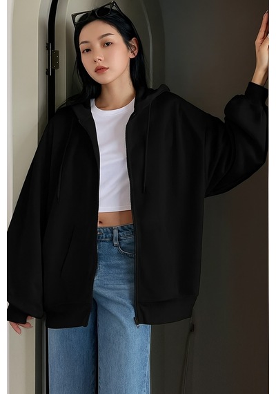 Cool Tarz Unisex Siyah Fermuar Kapüşonlu Sweatshirt Siyah Siyah