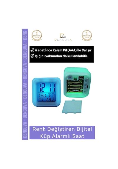 Çalarsaat Renk Değiştiren Dijital Termometreli Işıklı Dekoratif Gece Alarmlı Küp Masa Çalar Saat Çok Renkli