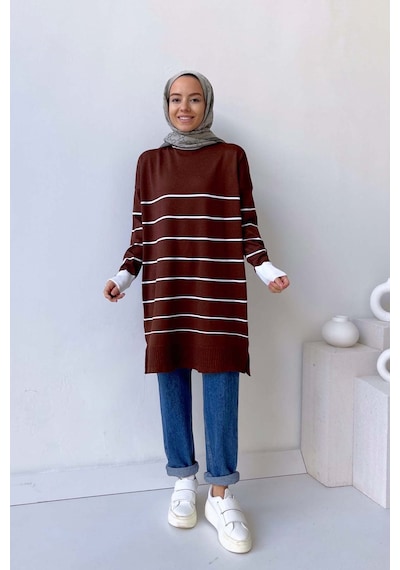 Kahijab Bisiklet Yaka Çizgili Merserize Tunik - Kahverengi