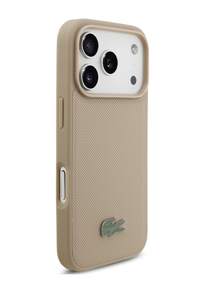 Apple Uyumlu iPhone 17 Pro Kılıf Lacoste Lisanslı M-safeli Pu Pike Desenli Metal Logolu Kartlıklı Kapak Bej Bej