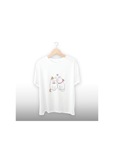Kedi Sevgililer Detaylı Unisex Tişört Beyaz