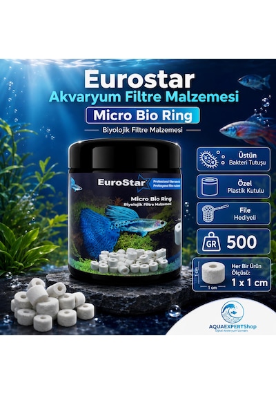 Eurostar Akvaryum Filtre Malzemesi - Micro Bio Ring - Üstün Bakteri Tutuşu - Özel Plastik Kutulu - File Hediyeli - 500 Gr