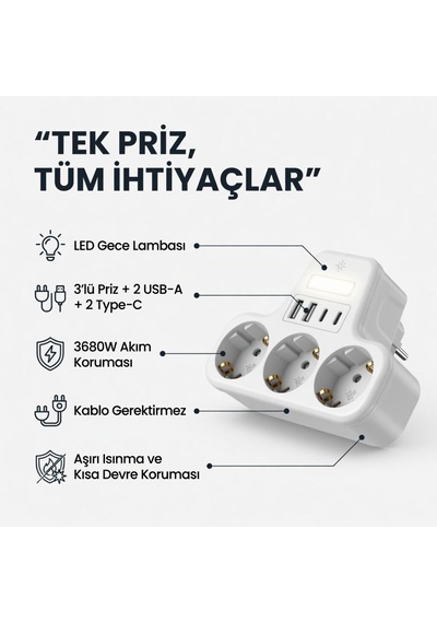 3 Lü Duvar Tipi Akım Korumalı Priz 2 Usb-a + 2 Type-c Girişli Led Gece Lambalı Akıllı Çoklu Priz 0