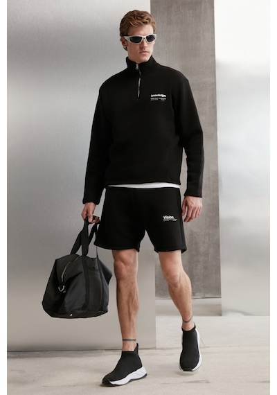 Grimelange Halden  Erkek Içi Polarlı Dik Yaka Yarım Fermuarlı Baskı Detaylı Regular Siyah Sweatshirt