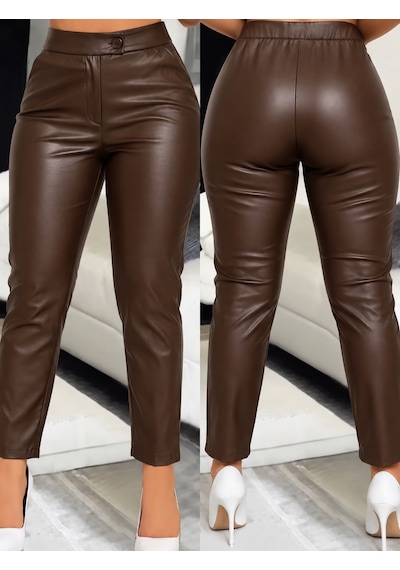 Butik İstanbul Kadın Yüksek Bel Cepli Deri Pantolon Turuncu