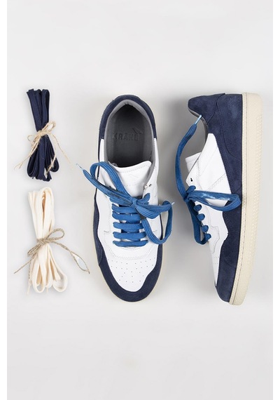 Krahe Artemis Erkek Hakiki Deri Eskitme El Boyamalı Bağcık Ve Iki Yedek Bağcıklı Beyaz-Mavi Sneakers 001