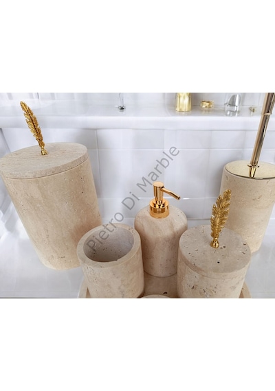 Sarı Traverten Klasik Model 7 Parça Gold Renk Kuş Tüyü Aksesuarlı Banyo Seti Sarı Traverten