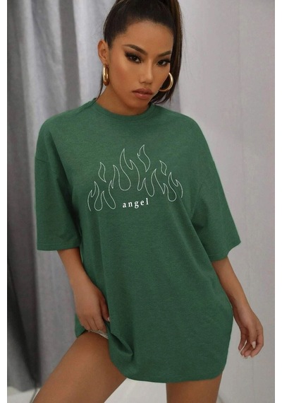 Unisex White Angel Baskılı T-shirt Yeşil