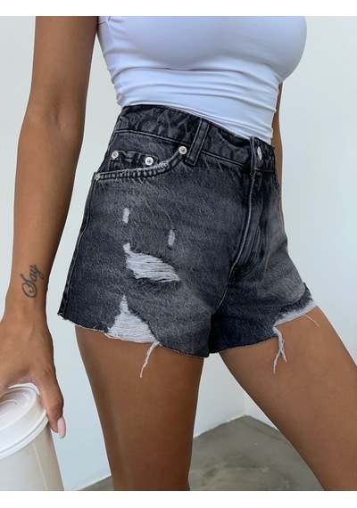 HerTon Yüksek Bel Jean Şort Yırtık Detaylı Kadın Denim Şort
