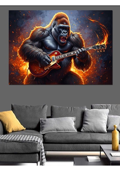 Elektro Gitar Çalan Güçlü Goril Dekoratif Kanvas - Mdf Ahşap Tablo