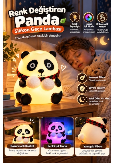 Shnstore Renkli Işık Modlu Silikon Panda Gece Lambası Dokunmatik Kontrollü Sevimli Dekoratif Shntknd0720