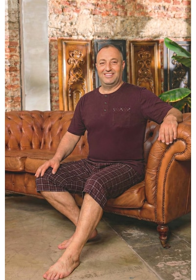 Aydoğan Erkek Dinç Büyük Beden Koton Vişne Bermuda Pijama Takımı 0081 Bordo