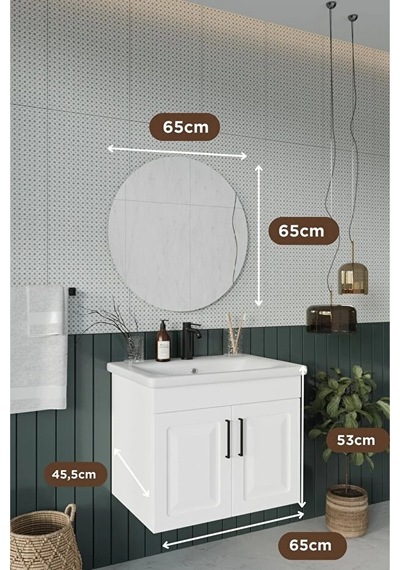 Reyhan 65 Cm %100 Mdf Lavabolu Banyo Dolabı + Ayna Beyaz