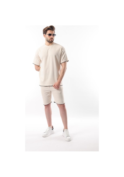 Madmext Bej Nakış Detaylı Erkek Şort T-shirt Takım E7305 Bej