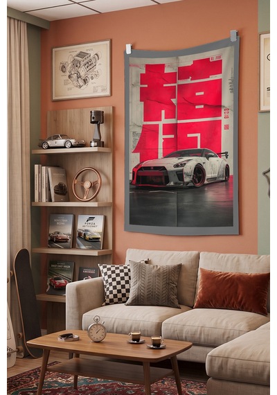 Nissan Gt-r Duvar Örtüsü, Racing Oda Dekoru, Modern Kumaş Duvar Halısı Beyaz