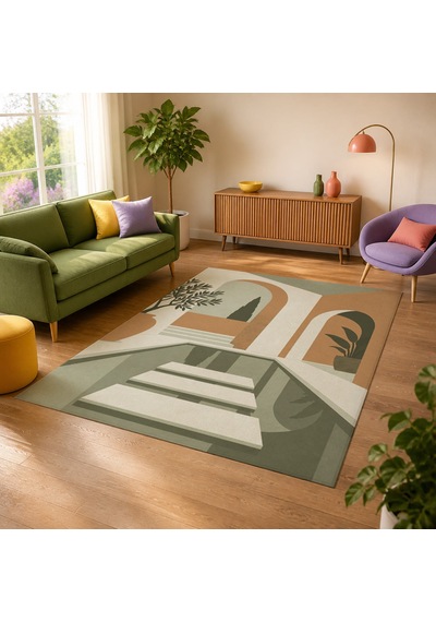 Kartela Halı Avlu Mimari Desenli Modern Halı Adaçayı Yeşili Kaymaz Taban 200x300 Cm