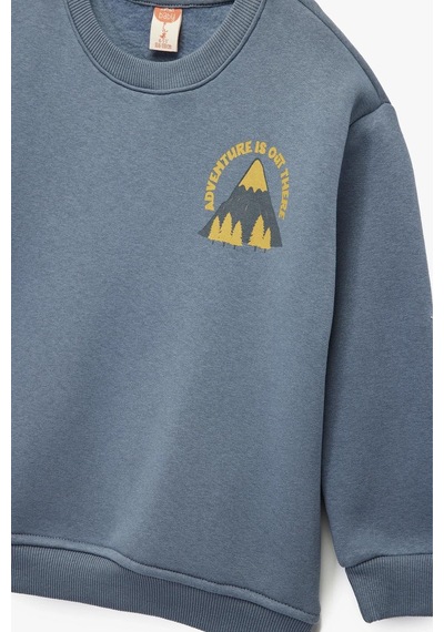 Koton Erkek Bebek Baskı Detaylı Bisiklet Yaka Uzun Kollu Şardonlu Sweatshirt Mavi
