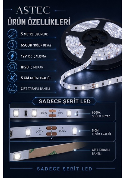 Astec 12v Şerit Led 5 Metre / 10 Metre Yapışkanlı Kesilebilir İç Mekân Aydınlatma Trafo Hariç Bütün Renkler 33848977