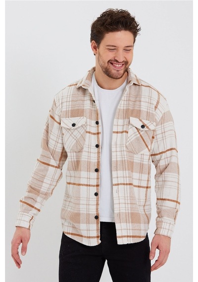 Erkek Kırık Beyaz-turuncu Çift Cep Kapaklı Slim Fit Oduncu Gömlek-odg001r9500s Kırık Beyaz-turuncu
