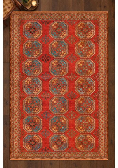 Artloop İstanbul Kırmızı Etnik Vintage Desenli Dokuma Tabanlı Şönil Halı Al 625
