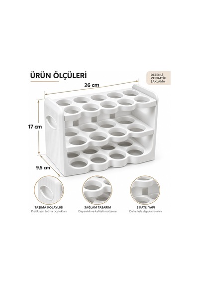 Tr 3 Katlı 30'lu Yumurta Organizeri, Plastik, Beyaz, 26x9,5x17 Cm Diğer