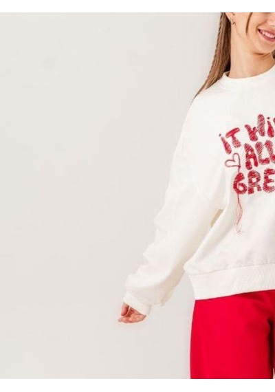 Kız Çocuk 2 İplik Nakışlı Sweatshirt-14212 Ekru
