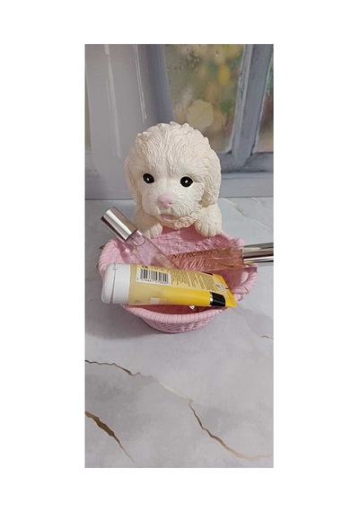 El Yapımı Dekoratif Köpek Biblo,pembe Sepetli Beyaz Fino.