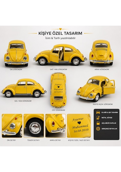 İsime Kişiye Özel Sarı Çek Bırak Vosvos Araba Maketi İsim Ve Tarih Yazılı Dekoratif Sevgiliye Hediye Hediyelik Eşya