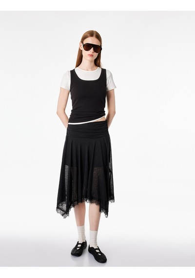 Koton Dantel Detaylı Asimetrik Slim Fit Midi Etek Siyah 6sal70061ık
