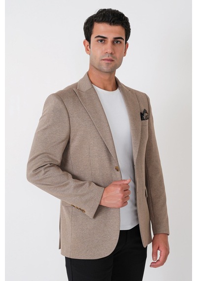 Slim Fit Sivri Yaka Çift Yırtmaçlı Esnek Yünlü Bej Ceket C 746
