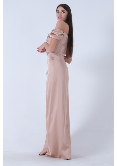 Feminist Bej Drape Detaylı Saten Kumaş Abiye Elbise 9704858.55