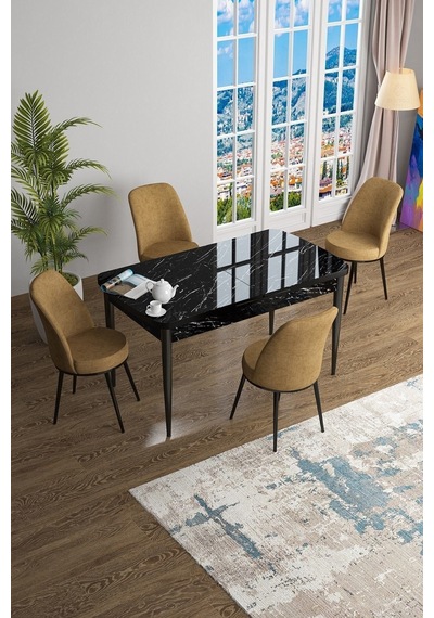 Canisa Han Serisi 70x114 Açılabilir Mdf Mutfak Masası Takımı Siyah Mermer Desen Masa 4 Cappucino Sandalye Masa Siyah Mermer Desenli Sandalyeler Cappucıno