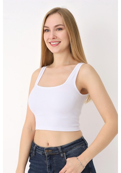 Nbb Kadın Beyaz Kare Yaka Dikişsiz Crop Body