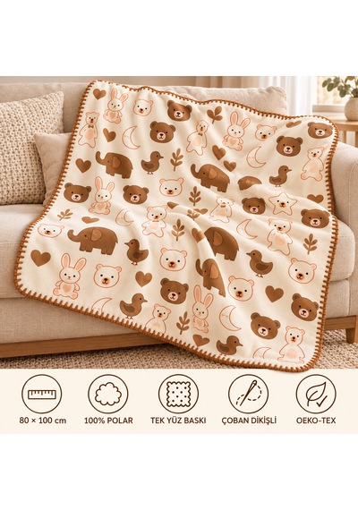 Kahve Krem Figürlü Çoban Dikişli %100 Polar Bebek Battaniyesi 80x100 CM Oeko-tex Kahverengi - Krem