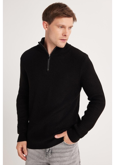 Tudors Erkek Slim Fit Dar Kesim Fermuarlı Siyah Dik Yaka Triko Kazak-34921 Siyah